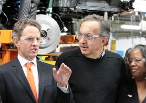 Chrysler Group CEO Sergio Marchionne (right) escorts U.S. Treasury Secretary Tim Geithner (left) on a tour of Jefferson North Assembly Plant (JNAP) during Geithner‘s Detroit visit today. Marchionne