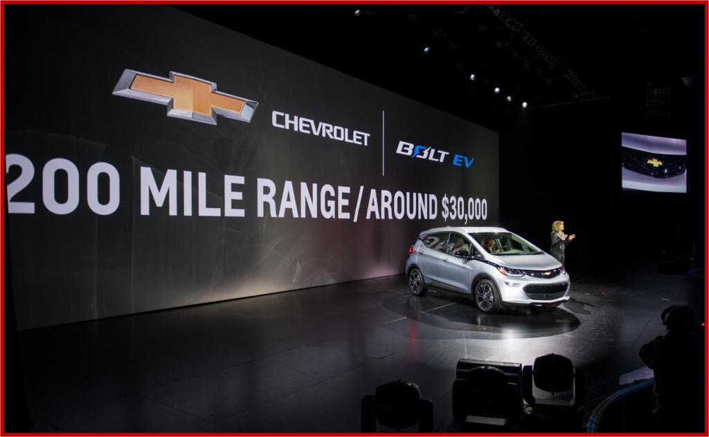 General Motors Chairman and CEO Mary Barra introduces the 2017 Chevrolet Bolt EV at its world debut during the Consumer Electronics Show Wednesday, January 6, 2016 in Las Vegas, Nevada. The Bolt EV offers more than 200 miles of range on a full charge at a price below $30,000 after Federal tax credits. The Bolt EV features advanced connectivity technologies and seamless integration. The Bolt EV will begin production by the end of 2016. (