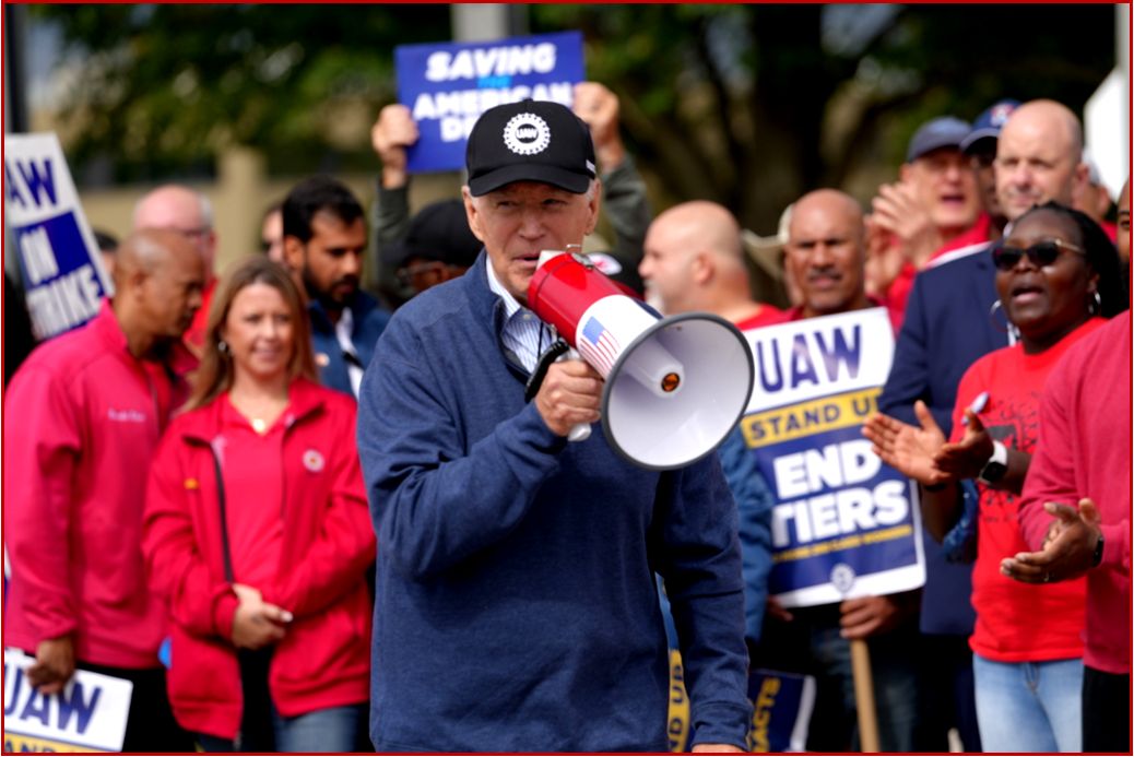 President Joe Biden Joining a UAW picket line September 2023 – courtesy of and copyright UAW all rights reserved